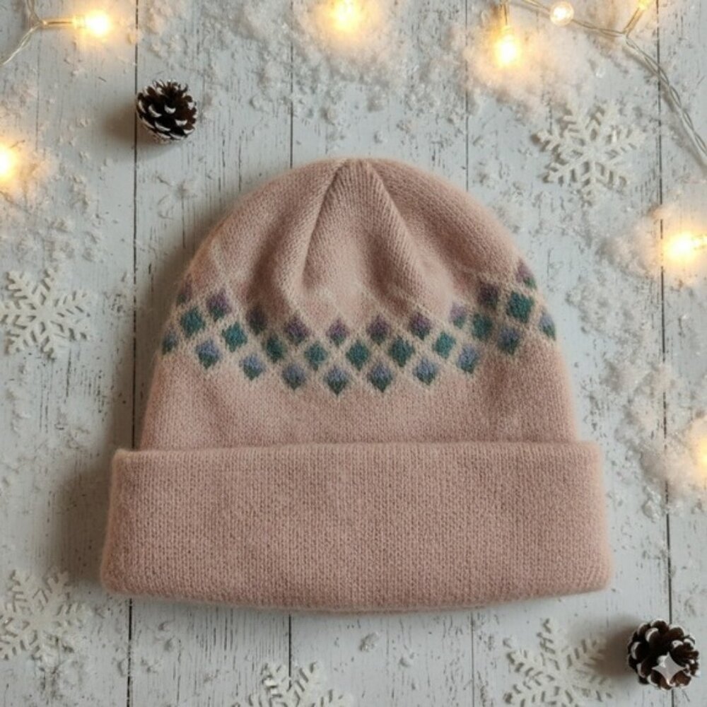 Hansen vintage Pink Knit Beanie Hat Diamond Pattern One Size Made in USA